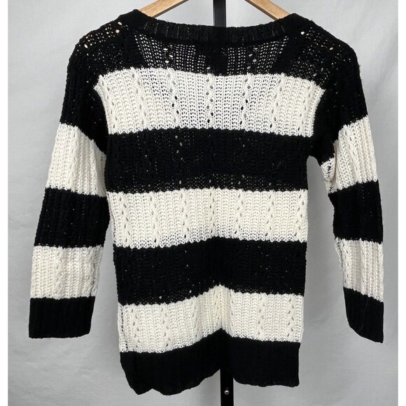 LEI Striped Sweater Top Small Black Cream 3/4 Sleeve Scoop Neck Knit Pullover - Picture 3 of 4